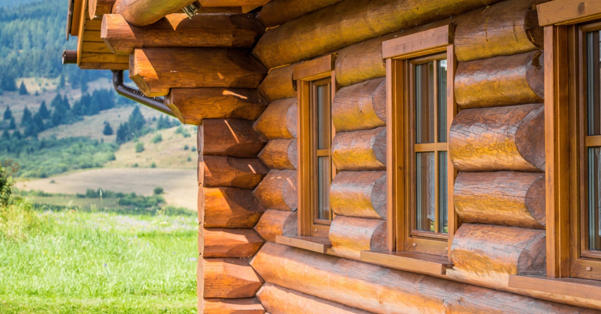 A rustic cottage sitting in open mountain meadows with forested hills and a dramatic cloudy sky behind it.